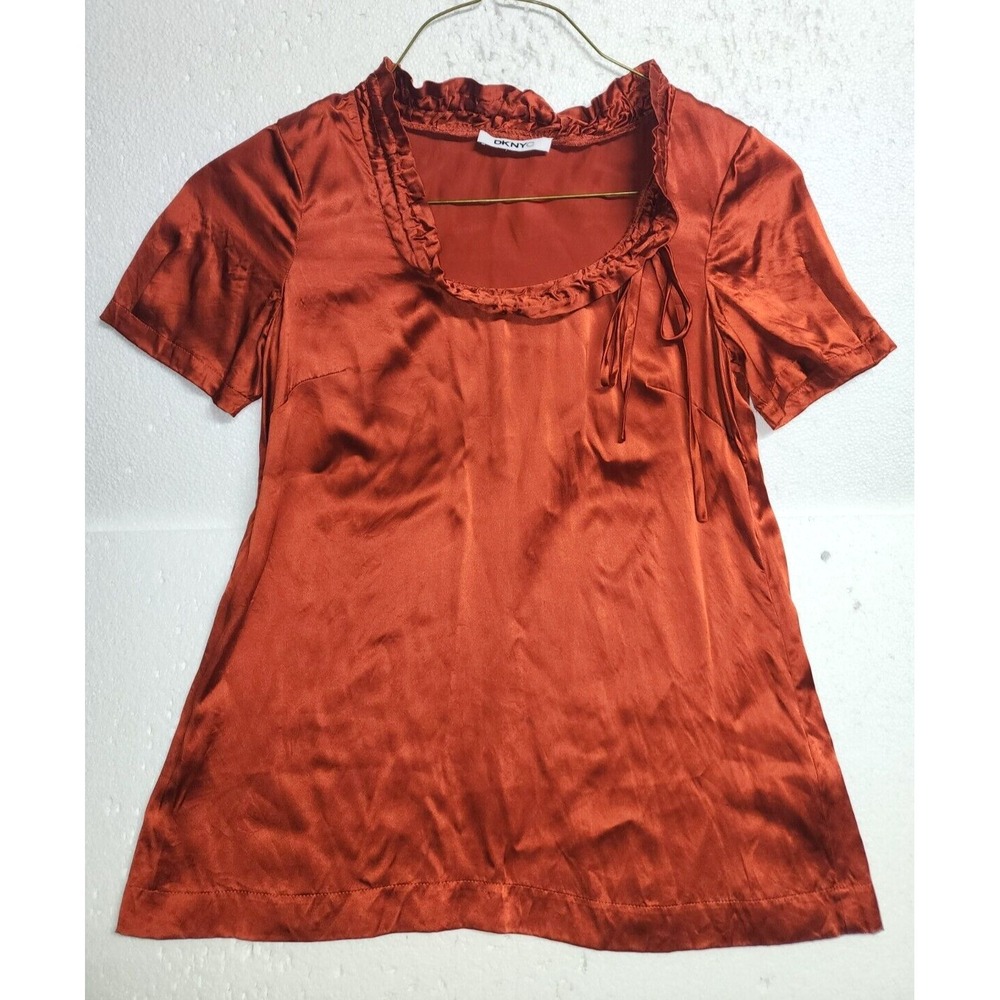 DKNY NYC Top Women‎ Unknown Size Dark Orange Bronze Drawstring Neck Short Sleeve